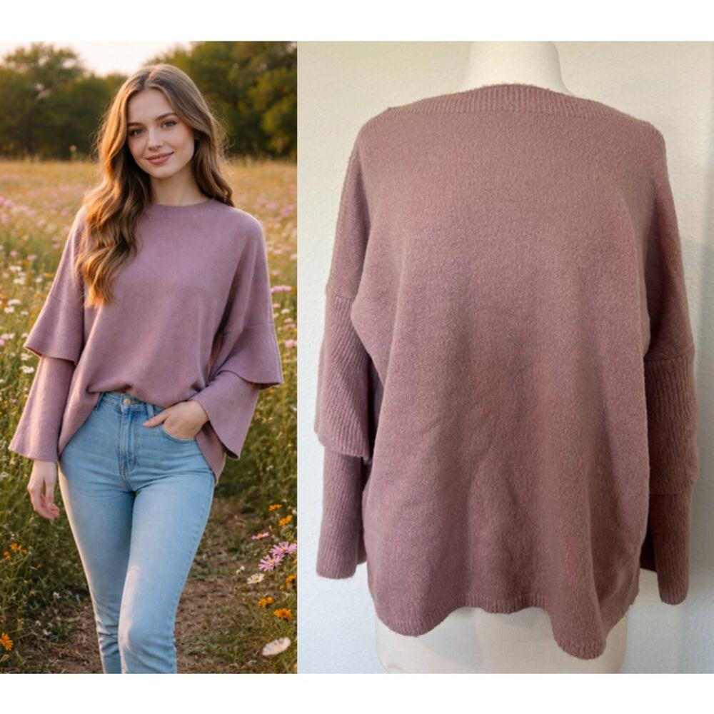 NEW Umgee Tiered Bell Sleeve Sweater Womens Size Medium Dusty Pink Boho